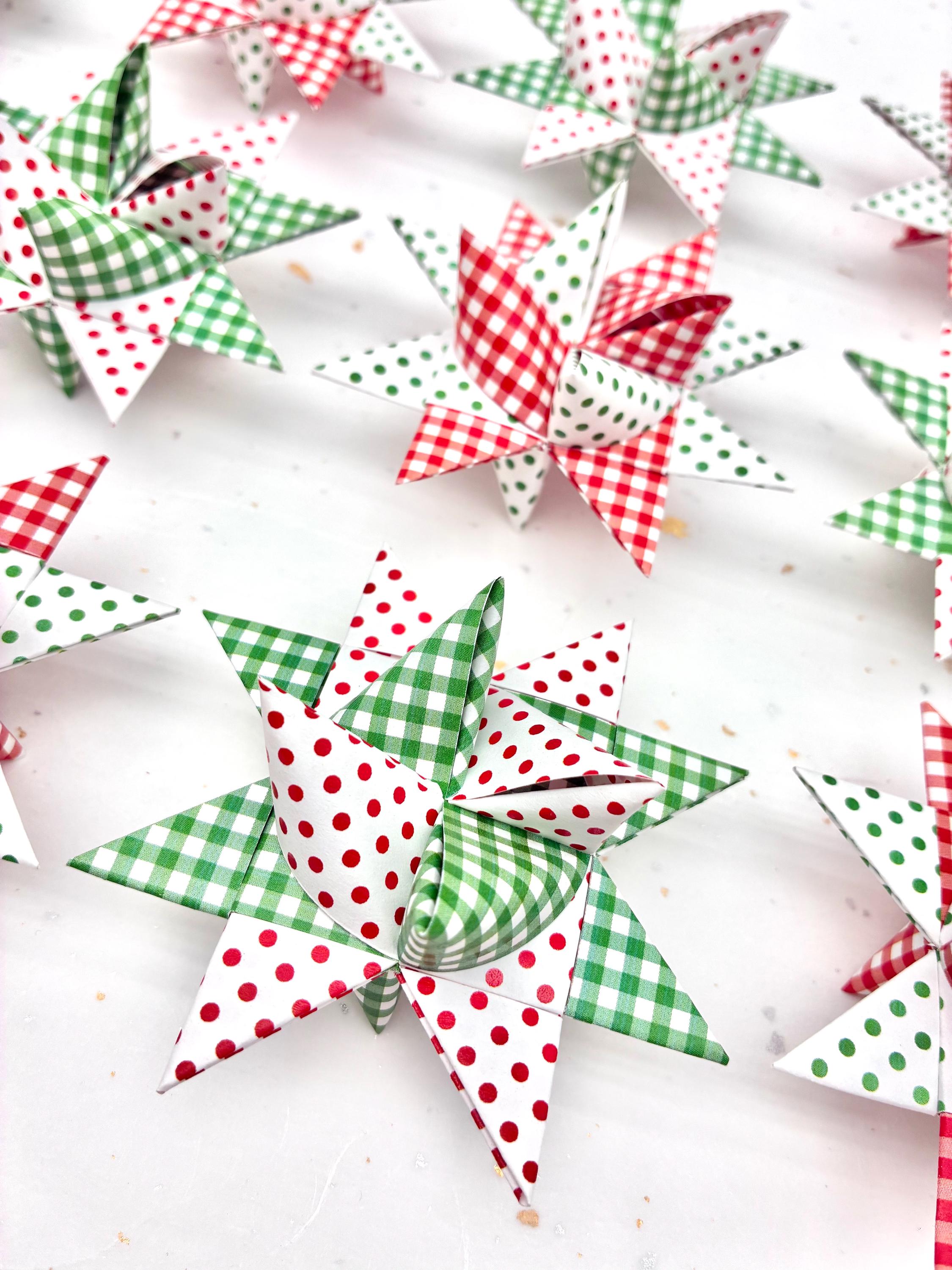 Red & Green, Gingham Dots~ Paper Star Ornaments (You Choose Size)