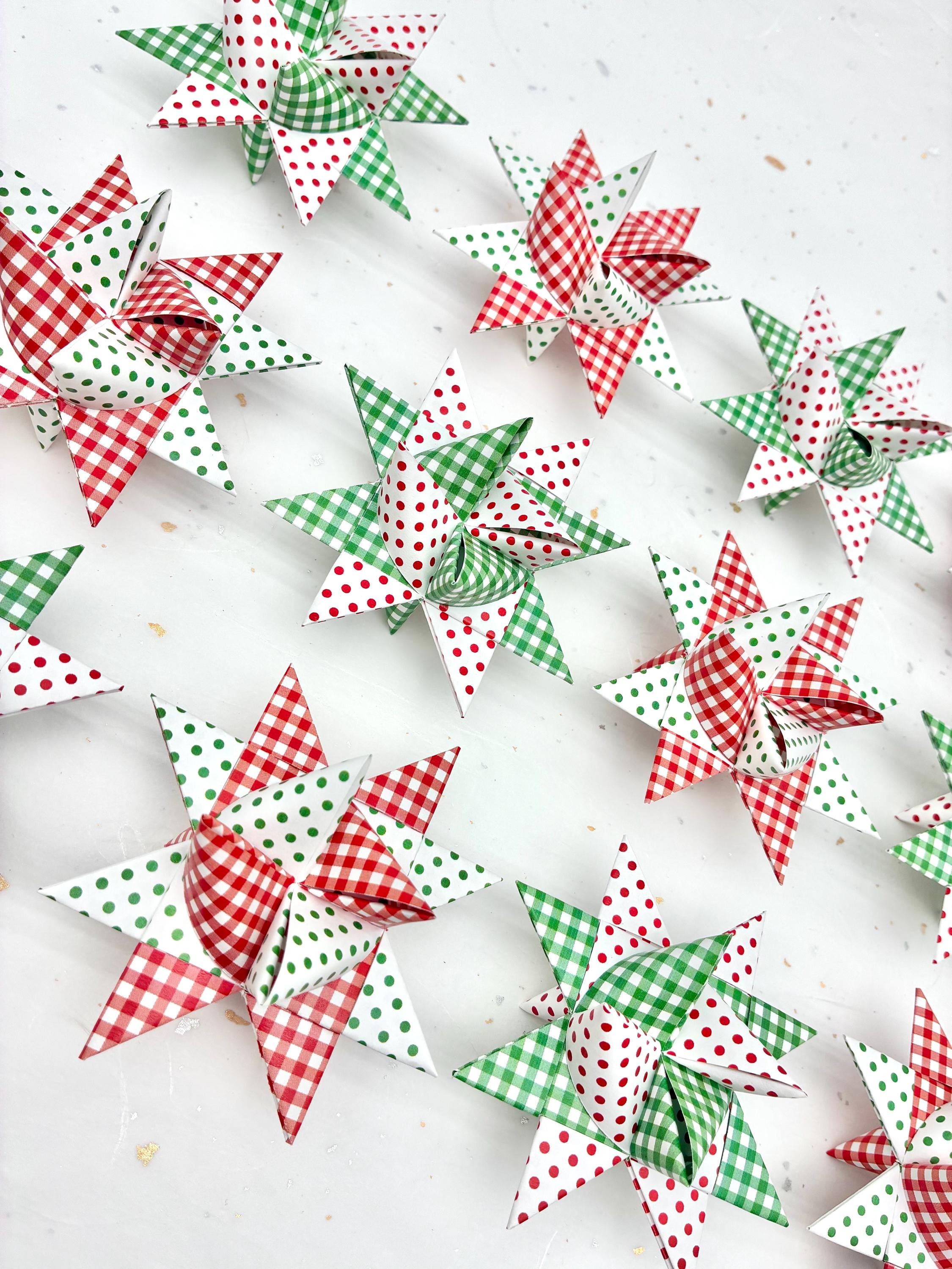 Red & Green, Gingham Dots~ Paper Star Ornaments (You Choose Size)