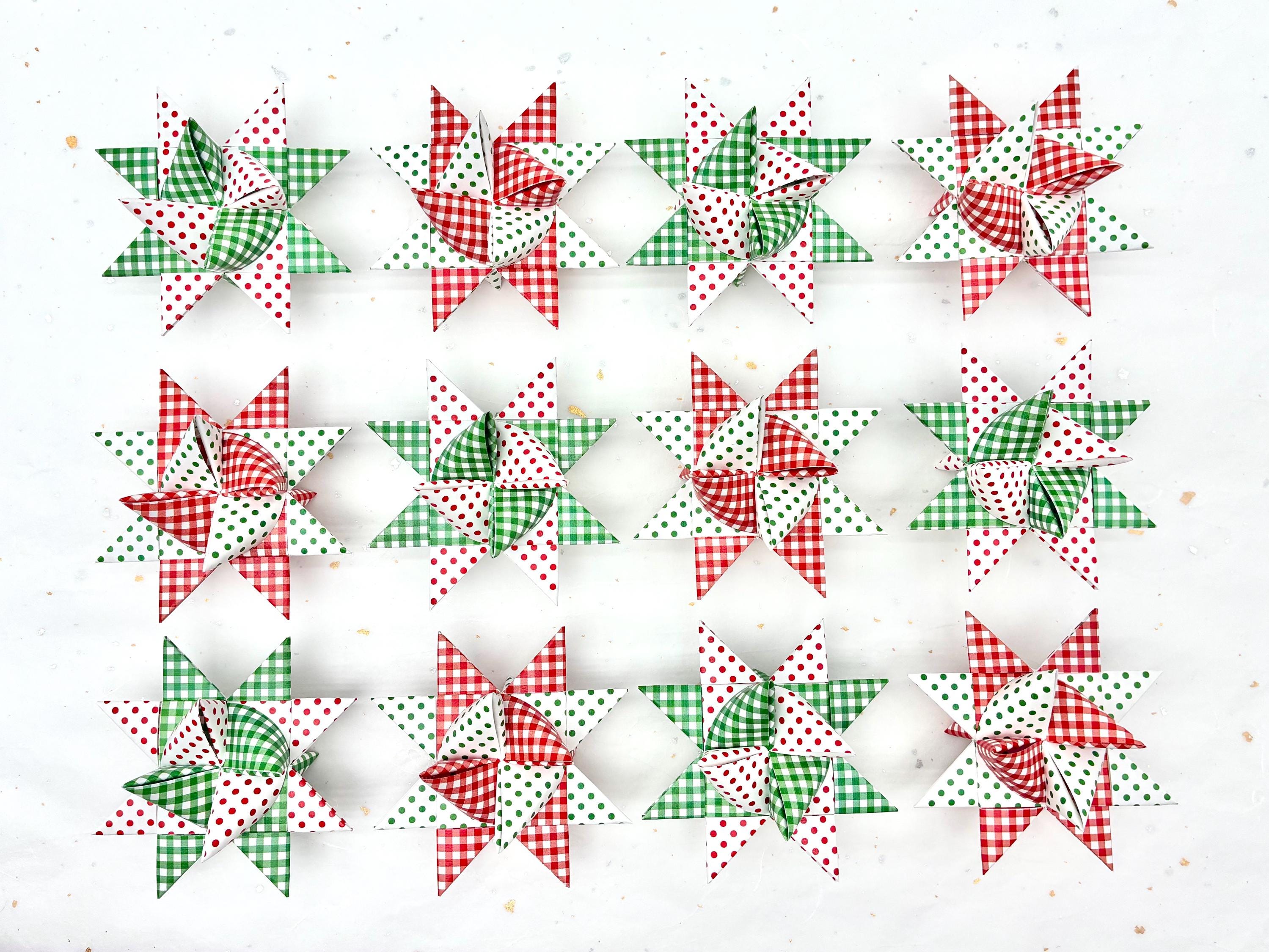 Red & Green, Gingham Dots~ Paper Star Ornaments (You Choose Size)
