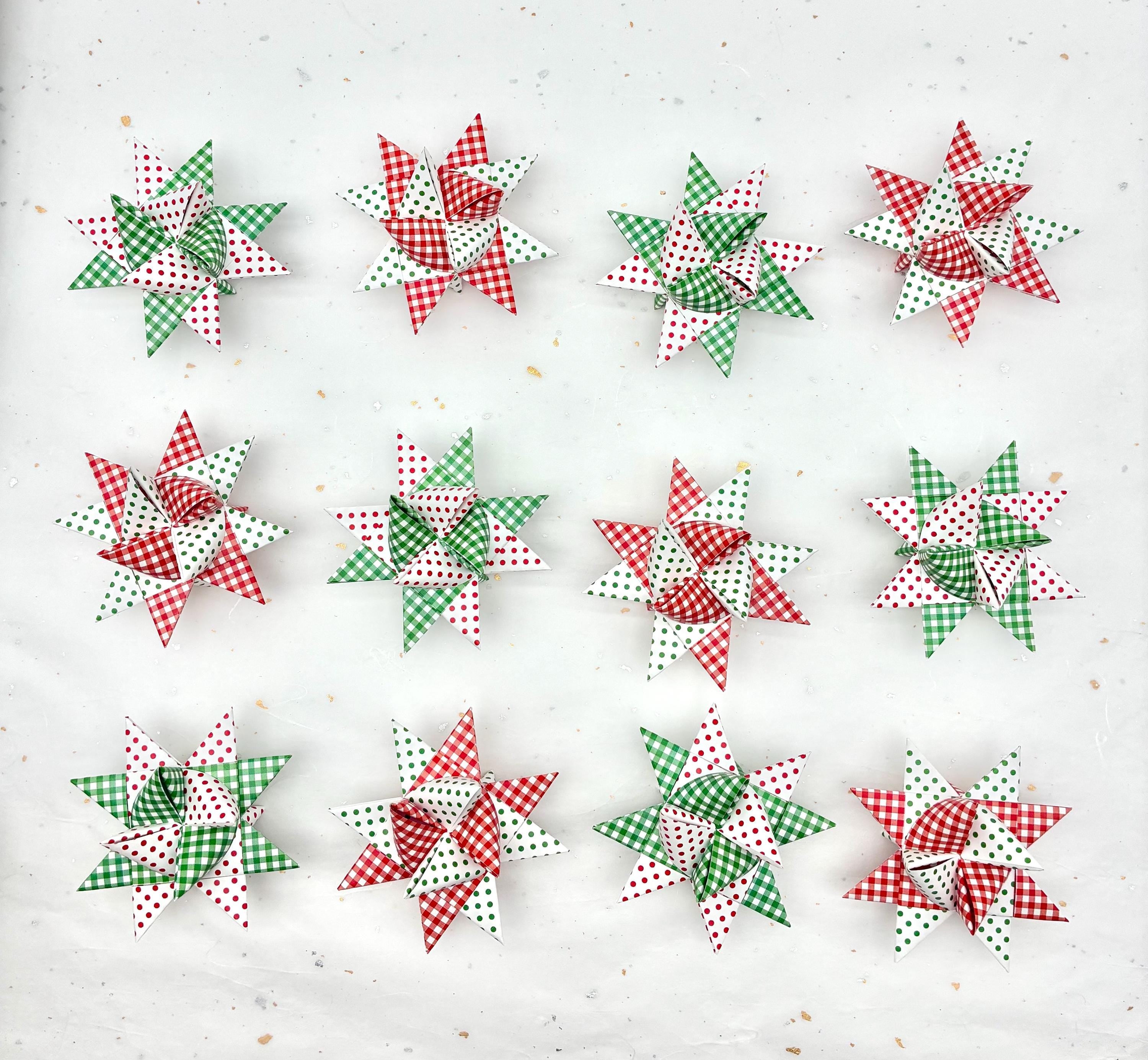 Red & Green, Gingham Dots~ Paper Star Ornaments (You Choose Size)
